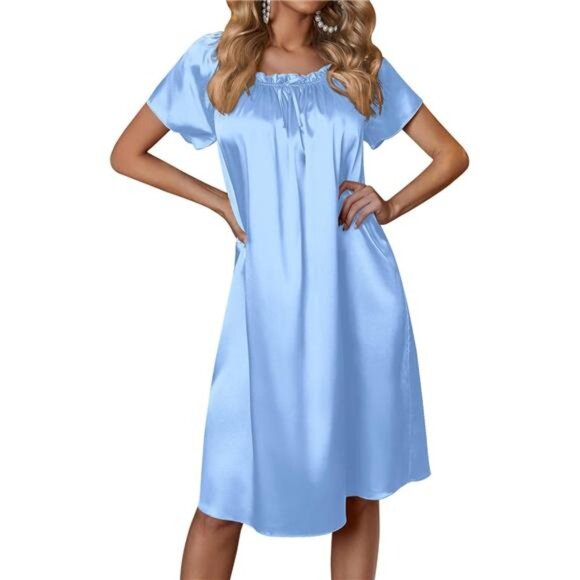 Women's Satin Pleated Nightgown Sleep Dress Blue - Picture 1 of 5